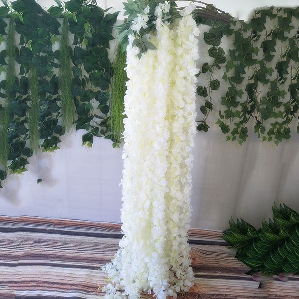 Stringa di fiori di seta artificiale bianca di alta qualità simulata ghirlanda di glicine 3 forchette pianta di crittografia in rattan per decorazioni fai da te per la casa di nozze