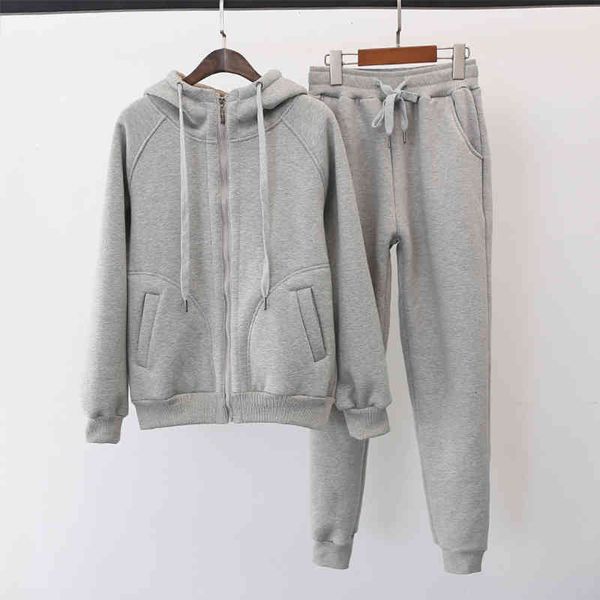 

women's two piece pants autumn hooded plus fleece sweatshirts suit woman fashion solid cardigan women winter leisure two-piece s s, White