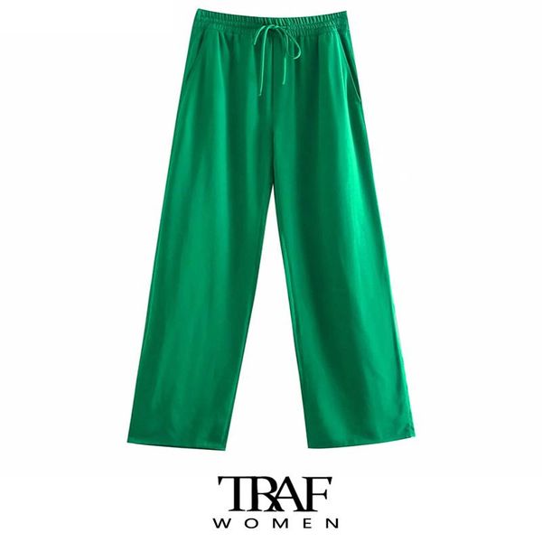 

women's pants & capris za women chic fashion side pockets loose wide leg vintage high elastic waist drawstring female trousers mujer, Black;white