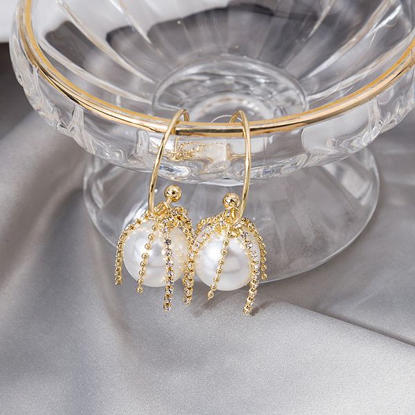 

925 silver needle korean pearl sparkle diamond tassel temperament small fragrance lady net red c-shaped earrings