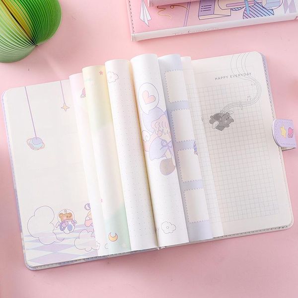 

notepads kawaii color inside page notebook cartoon printed pu cover creative hardcover diary books weekly planner handbook scrapbook, Purple;pink
