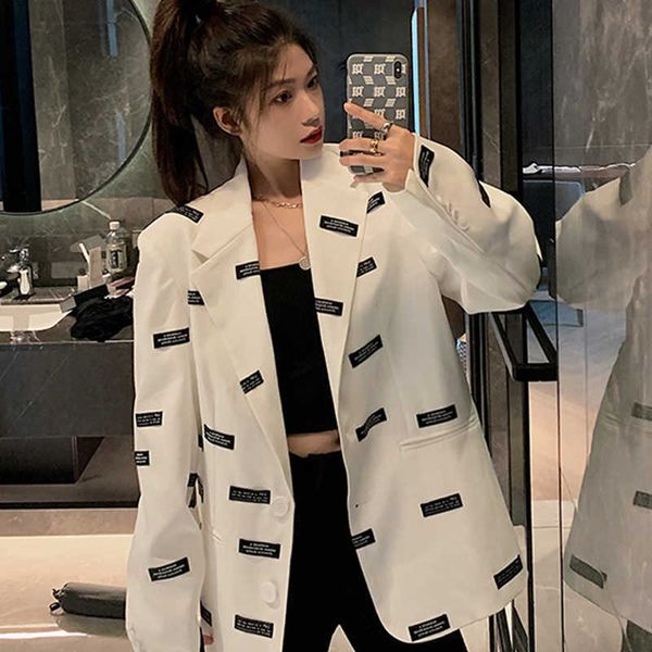 Blazer bianco Blazer Capispalla coreana Cappotto invernale Ladies Designer Manica Lunga Designer Graffiti Ufficio Lady Abbigliamento 210604