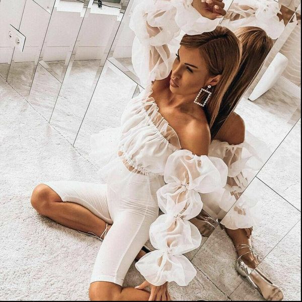 

autumn long tiered womens shirt puff sleeve off shoulder ruffles neck mesh sheer see through peplum crop short blouse, White