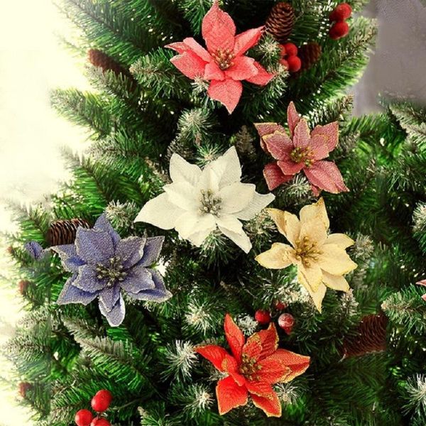 

10pc christmas tree decorations glitter artificial flowers merry ornaments year 2021 xmas wedding party home decor decorative & wreaths