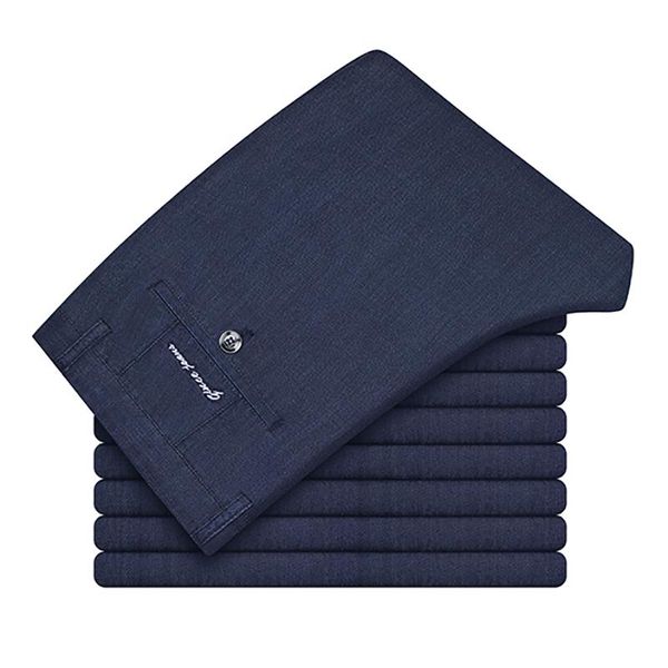 

men's jeans mulberry silk summer thin straight trousers business overalls pants breathable spring boutique plus size, Blue