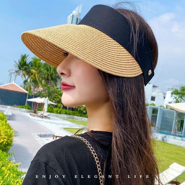 

wide brim hats magic tape panama women straw hat empty 2021 women's summer sun protection outdoor sports fishing beach chapeau mz010, Blue;gray