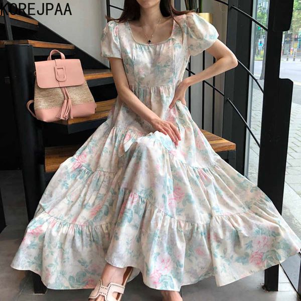 

korejpaa women dress korean fashion chic elegant temperament square neck loose pleated short sleeve big swing long dresses 210526, Black;gray