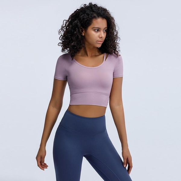 

yoga outfit summer fitness clothes women's short sleeved sports with chest pad beautiful back slimming running t-shirt tight shirt