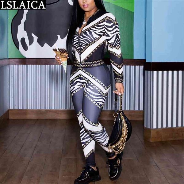 

two piece set women fashion chain print skinny long sleeve zipper pencil pants sets fall clothes for lounge wear 210515, White