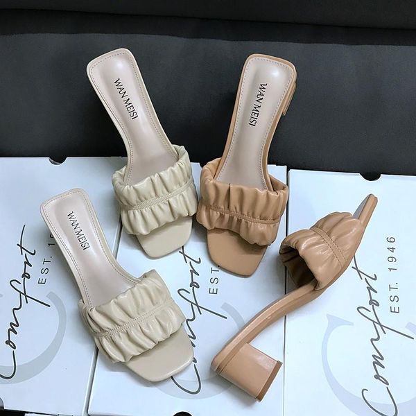 

slippers high-heeled shoes lady casual rubber flip flops slides square heel slipers women luxury hawaiian block 2021 pleated rom, Black