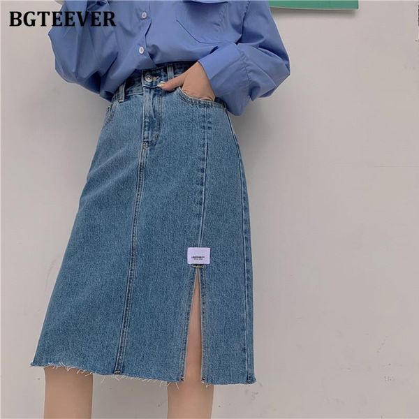 

skirts bgteever fashion high waist side split female denim casual slim a-line jeans skirt for women spring elegant pencil, Black