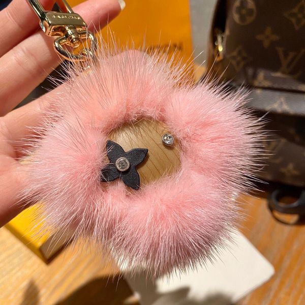

classic sunflower doll key wallets fashion designer men's car keychain sweet mink fur female bag pendant chain famouse women keys chain, Red;blue