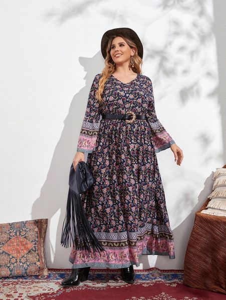 

plus floral print trumpet sleeve dress without belt 503u#, Black