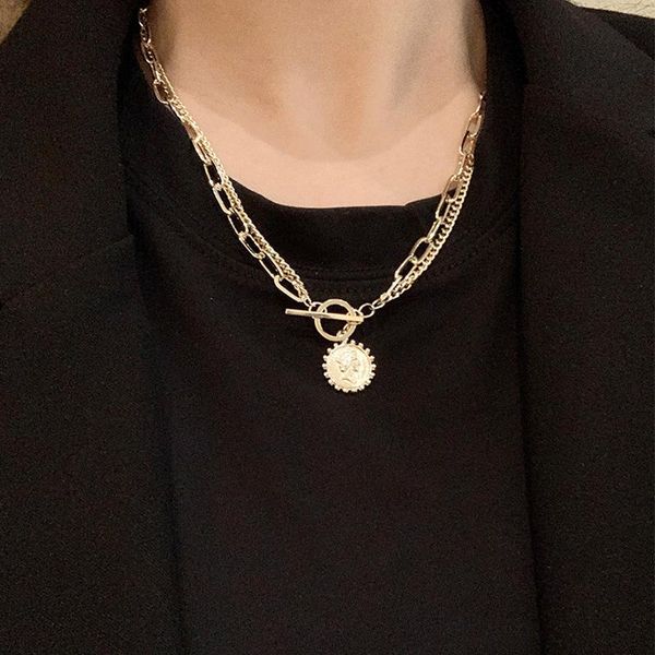 

chains trendy gold carved portrait coin pendant necklace for women punk silver color multilayer chain choker 2021 jewelry