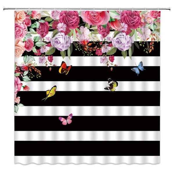 

striped plant shower curtain,pink flowers leaves beautiful blooming flowers colorful butterfly black white stripes background