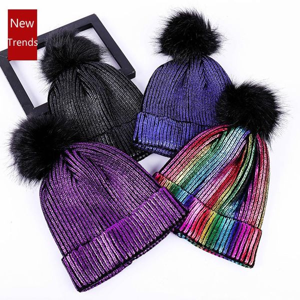 

beanies knitted women hat fur pompom paillette bling winter girl keep warm beanie cap chapeu feminino pom hats