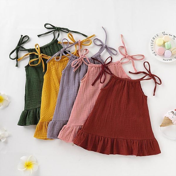 

children sling cool solid girl dress sleeveless middle length for holiday summer beach girls childrens clothing, Red;yellow