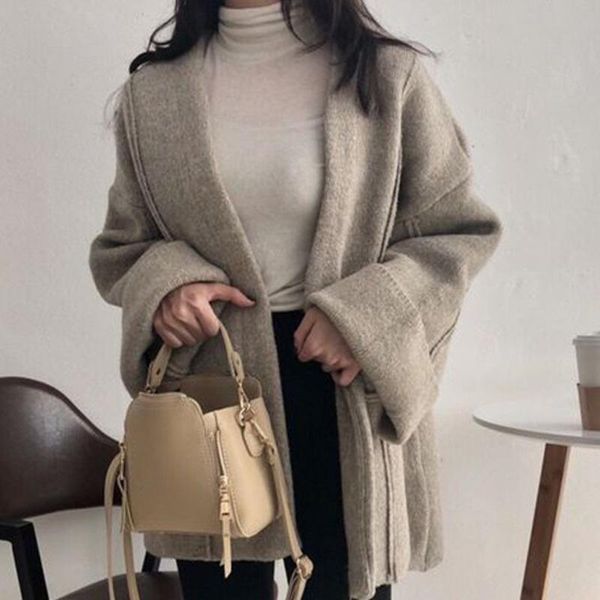 

women's wool & blends [ewq] 2021 autumn winter ladies short woolen coat loose flared sleeves bat sleeved cardigan solid coats plus size, Black