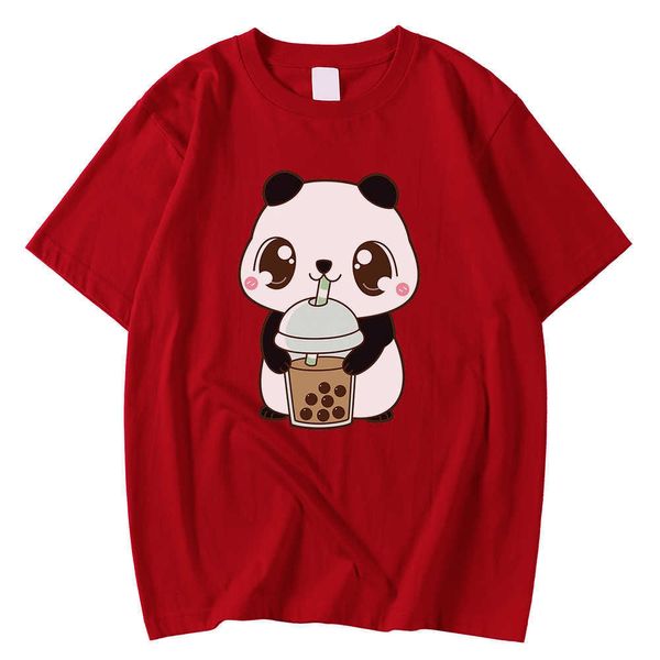 Moda S-XXXL Erkekler T-Shirts İlkbahar Yaz Tee Gömlek Sevimli Küçük Panda İçecek Süt Çay Baskı Düzenli Kollu Tee Gömlek Tops Mens Y0809