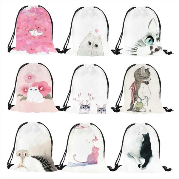 

watercolor printed lovely pink cat kitten handmade drawstring backpack women men shopping sports casual outdoor string bag