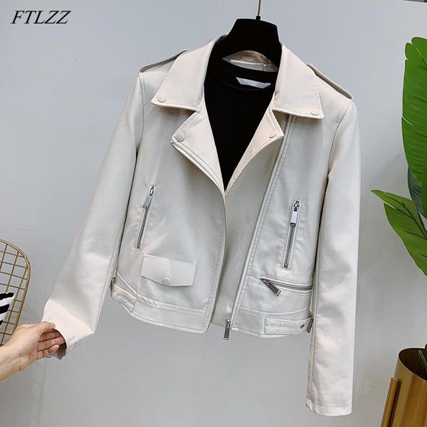 

spring autumn lapel faux leather short jacket women zipper black pu coat punk street motorcycle solid color outwear women's &