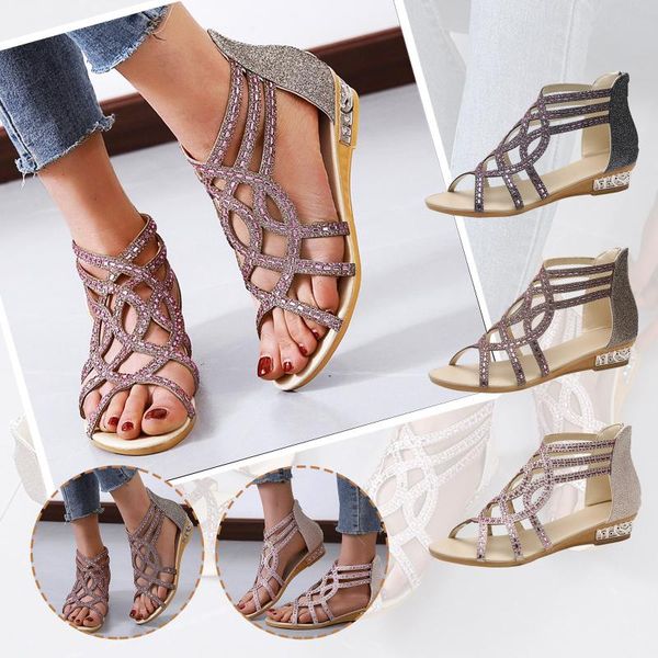 

sandals summer crystal hollow out fashion women's pattern roman shoes female peep-toe wedges #4, Black