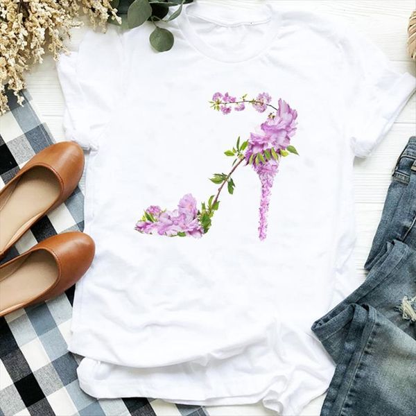 

floral elegant office kawaii women t shirts streetwear print tee clothes female graphic, White