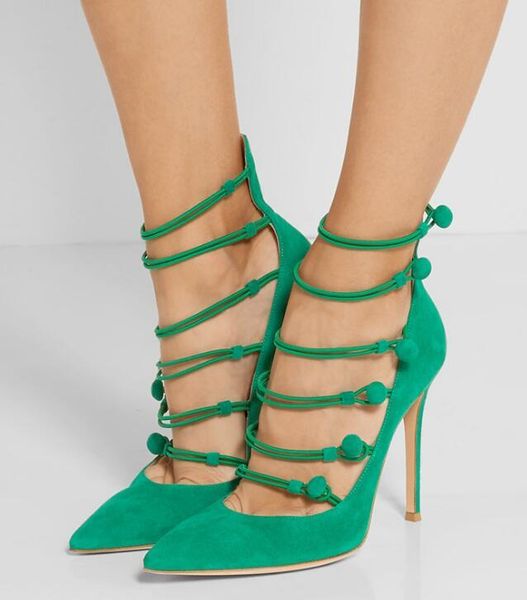 

fashion grass green suede leather women pointed toe pumps stretch straps ladies button high heels spring female dress shoes, Black