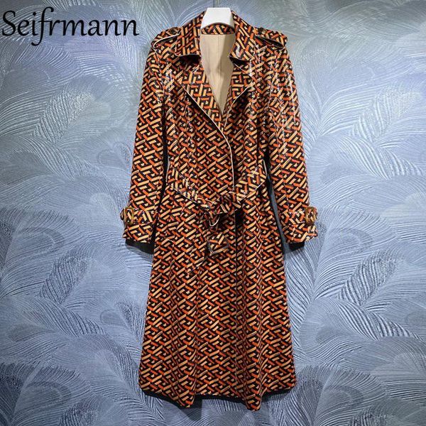 

women's trench coats seifrmann 2021 autumn women fashion runway long sleeve sashes serpentine print ladies elegant overcoat, Tan;black
