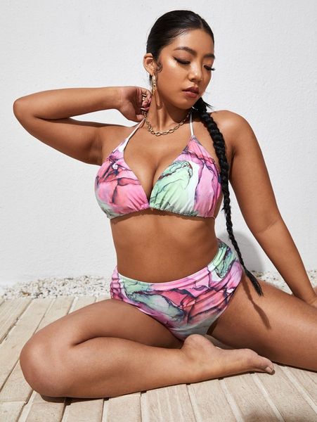 

plus marble print triangle bikini swimsuit 52ts#, Black
