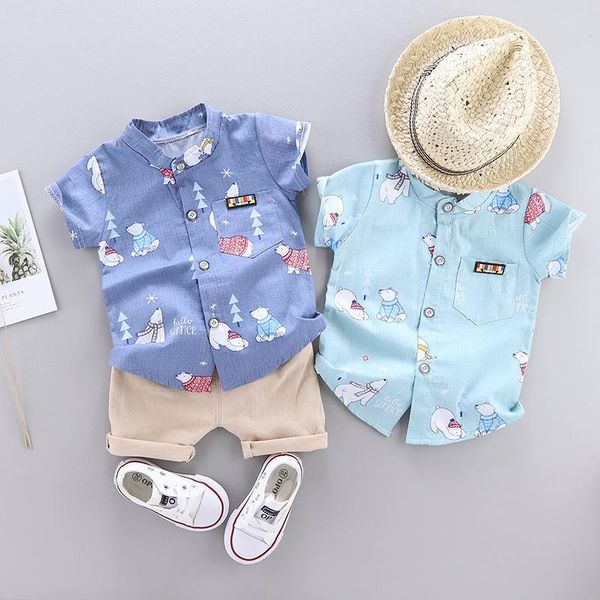 

children's clothing summer style korean male and female infants young children baby bear cartoon shirt two-piece suit sets, White