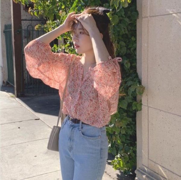 

women's blouses & shirts 2021 summer clothing fashion printed shirt cute lady floral chiffon temperament commuter blouse casual t-shirt, White