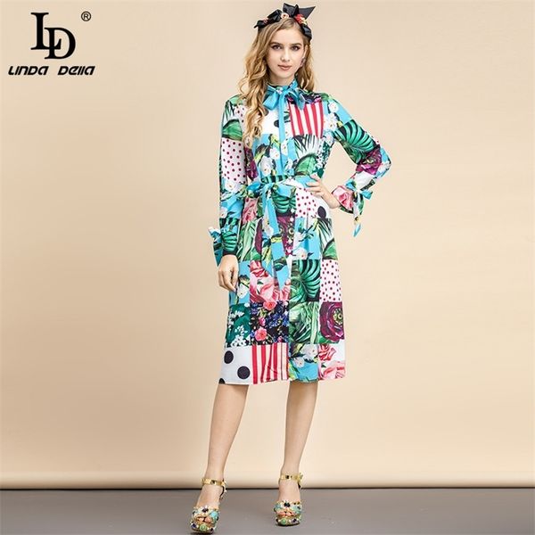 

summer fashion designer vintage midi dress long sleeve bow belt elegant multicolor floral print vacation 210522, Black;gray
