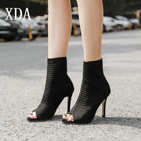 

dress shoes xda stretch fabric peep toe hollow out half mid calf boots for women fish mouth super high heel rome style e05, Black