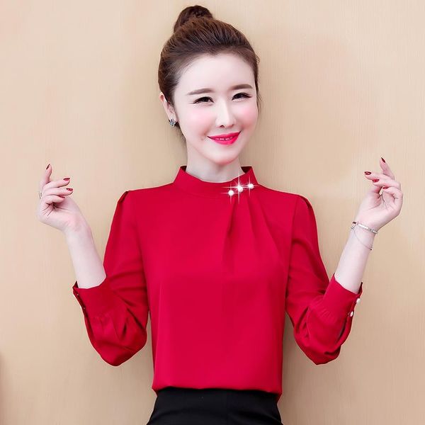 

women's blouses & shirts women satin long sleeve korean office lady beading pearl stand collar all-match solid casual blusas h554, White