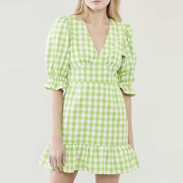 

za women dress fashion plaid sweet youth office summer british cotton casual street chic 210601, Black;gray