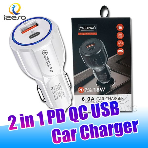 QC3.0 PD Автомобильное зарядное устройство Тип C Двойной USB быстрой зарядки адаптер 2 в 1 Высокоскоростное зарядное устройство с розничной упаковкой для смартфона Izeso