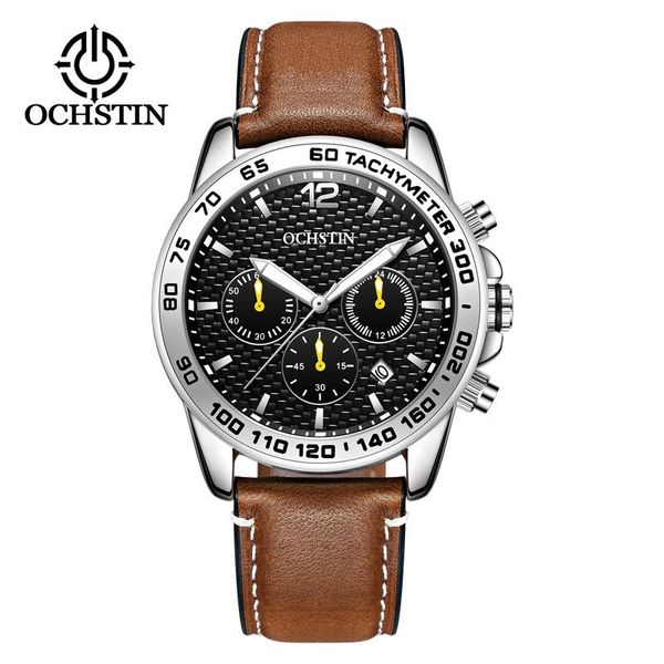 

wristwatches brand ochstin watches luxury men sport leather band chronograph quartz relogio masculino 6117, Slivery;brown