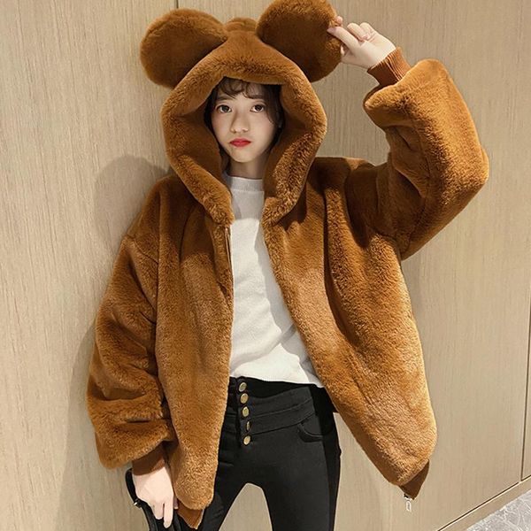 

women's fur & faux rimocy winter soft fluffy warm jackets women 2021 kawaii cute bear ear hooded coat woman zipper plush outwear female, Black