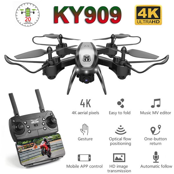 

ky909 4k hd camera drone fpv wifi optical flow positioning rc quadcopter dron altitude hold long battery life kids fly toys