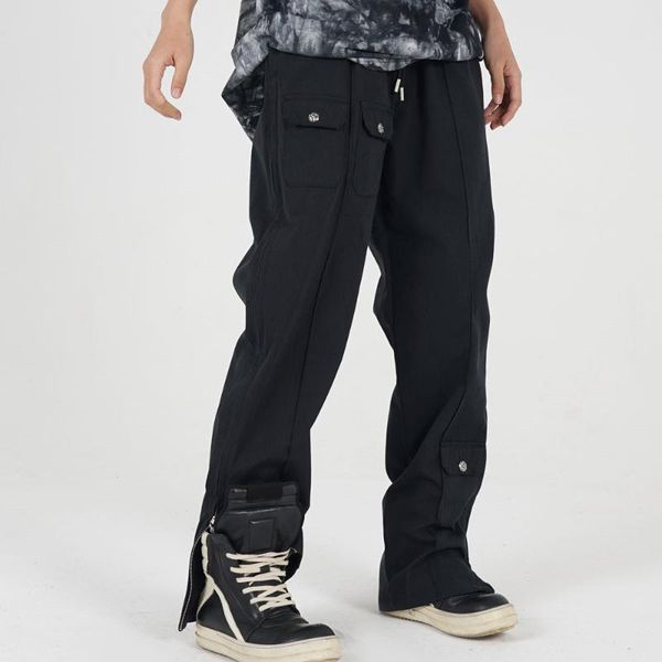 

men's pants chic fashion track soft polyester hip hop casual streetwear trousers with pockets fake zippers cargo, Black