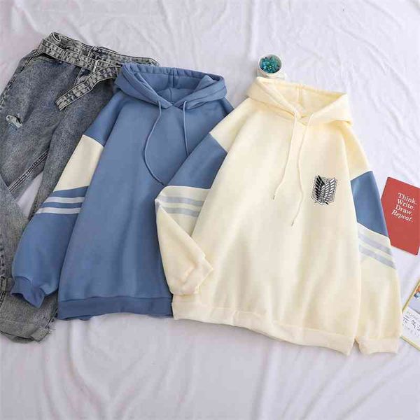

Attack Titan Shield Printed Hoodies Restore Winter Fleece Casual Ban Color Splicing Sweatshirt Loose Harajuku Kawaii Clothing, Blue.