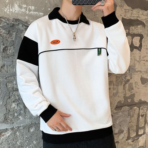 

long sve t-shirt autumn loose fashion color matching fake two lapel sweater men's autumn coat, Black