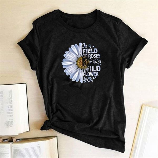 

field of roses wild women t shirt flower letter printed white sunflowers short sleeve summer cap clothes