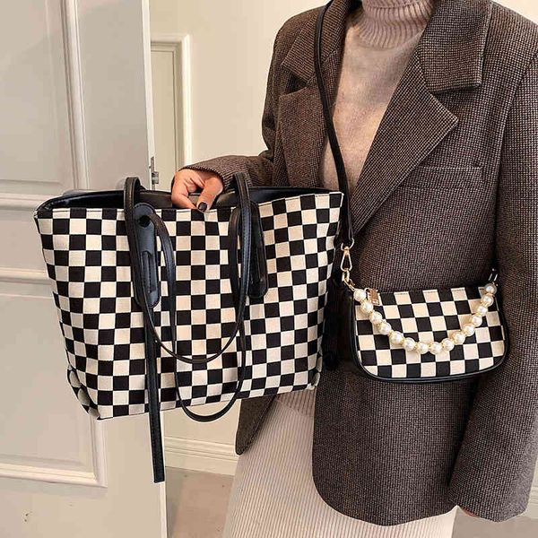 

bags handbags chessboard women's large capacity 2021 fashion shoulder versatile autumn and winter leisure commuter tote, Black;red