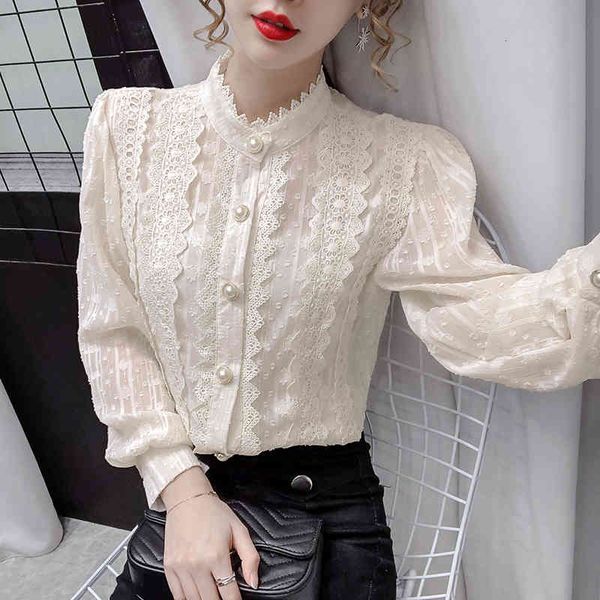 

women's tanks & camis spring vintage white lace long sleeved shirts for womens stand collar single-breasted sweet elegant blouses