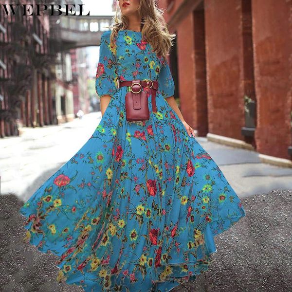 

chiffon dress women's casual o-neck floral print loose spring summer three quarter sleeve floor-length dresses, Black;gray
