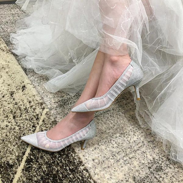 

dress shoes stiletto high heels breathable mesh women's pointed party single casual and comfortable, Black