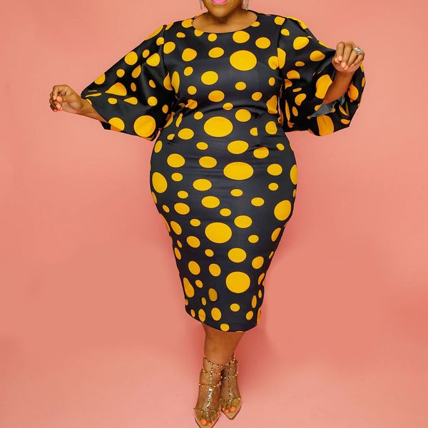 

yellow polka dot print falre manga midi party dress african, Black;gray