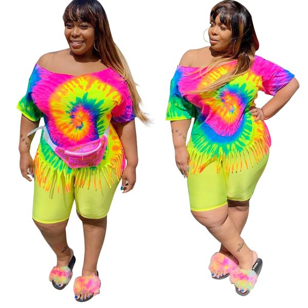 

women plus size xl-4xl tie dye bla hole print tee knee length pants suit two piece set sport trasuit outfitsby air, White